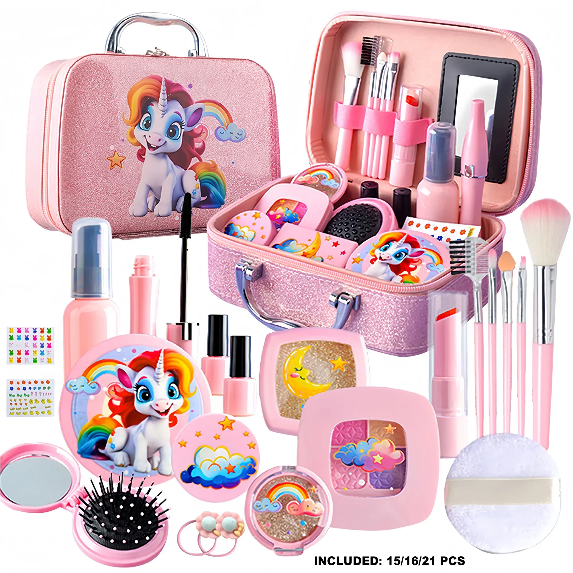 Unicorn Theme Kids Realistic Simulation Makeup Set, Mixed Color Pretend Play Accessories Cosmetic Box, Pretend Playset, 15/16/22 Piece Role-Playing Toy for Ages 3+