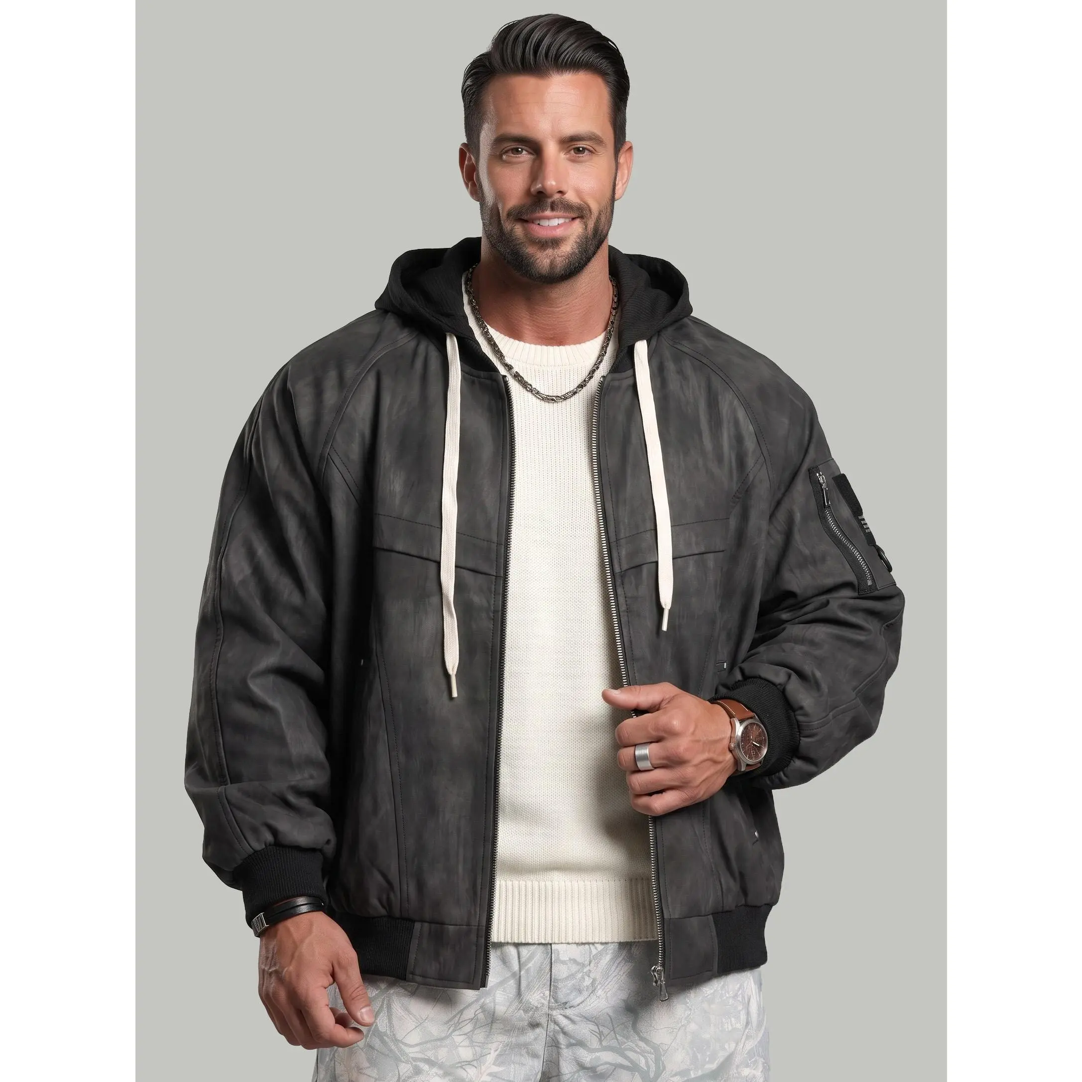 KZZ Men's Plain Faux Leather Hooded Bomber Jacket - Full-Zip Zip Up Jackets, Pocket Detail, Casual Streetwear Daily Wear Lightweight Outerwear