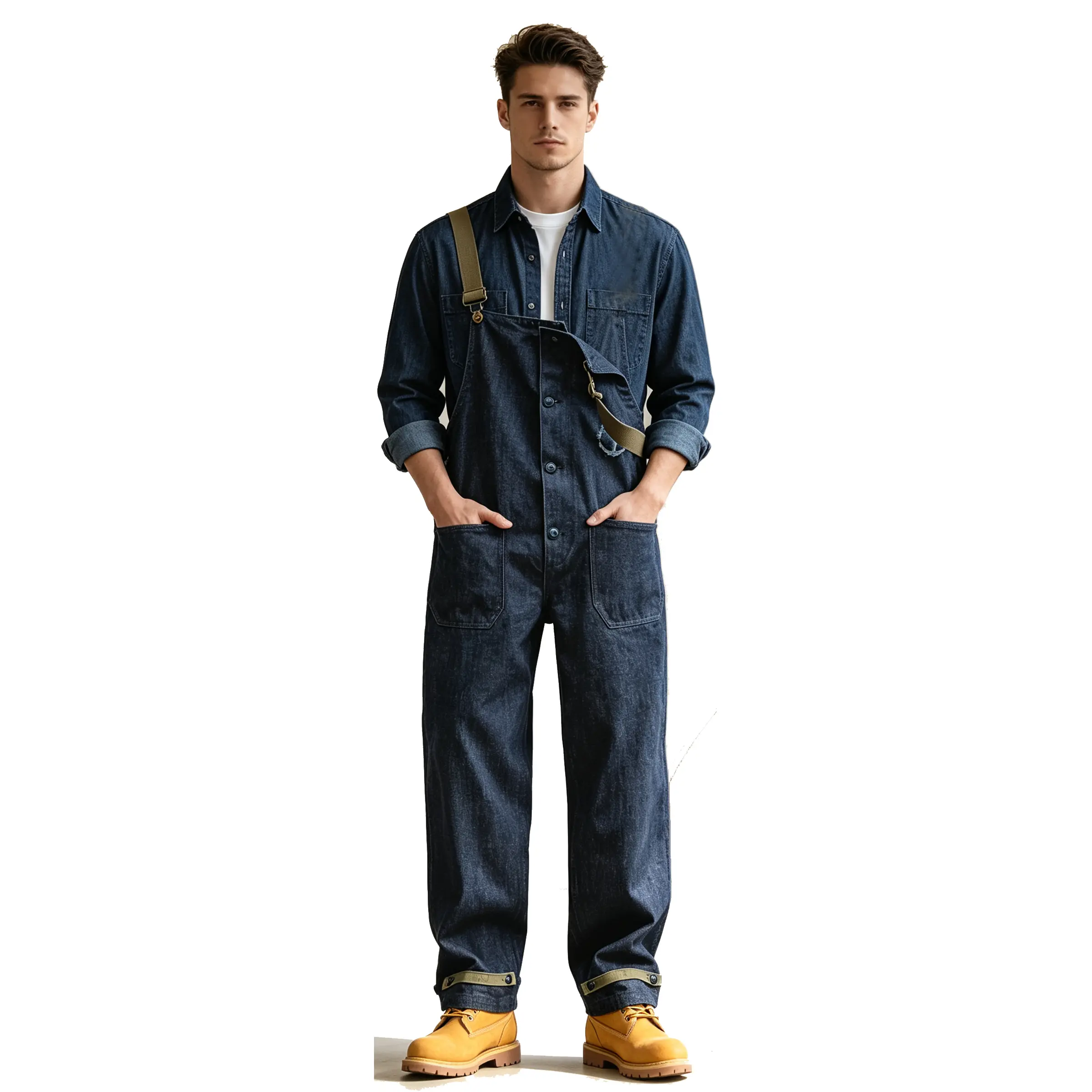American Retro US Navy Deck Denim Bib Overalls For Men, Straight Wide Leg Loose Fit Work Suspender Jeans, Raw Denim With Natural Fading big and tall