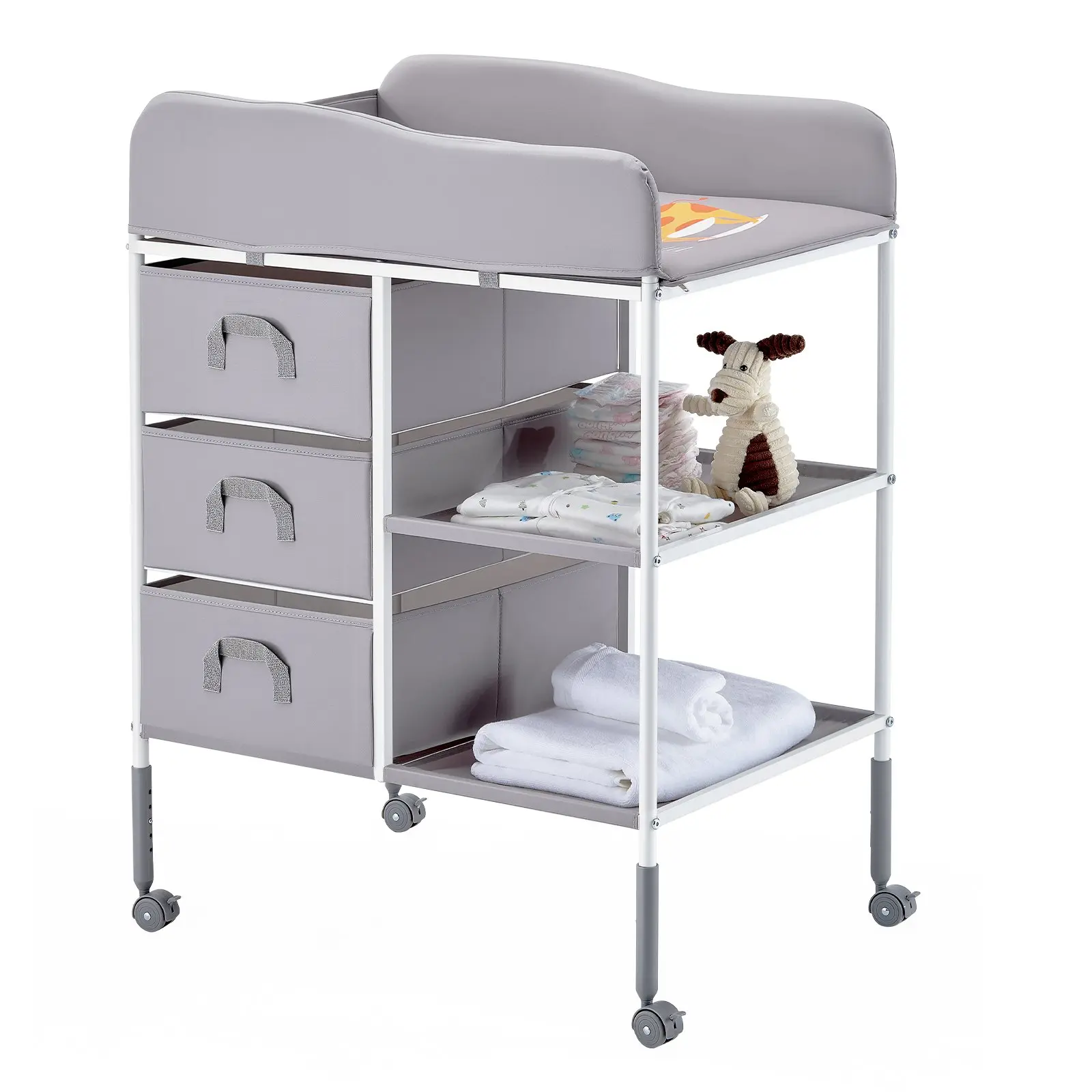 VEVOR Baby Changing Table, Portable Diaper Change Station with 3 Fabric Drawers and Lockable Wheels, Adjustable Height Multi-Functional Changing Station Table with Storage Organizer Nursery, Graydealsforyoudays