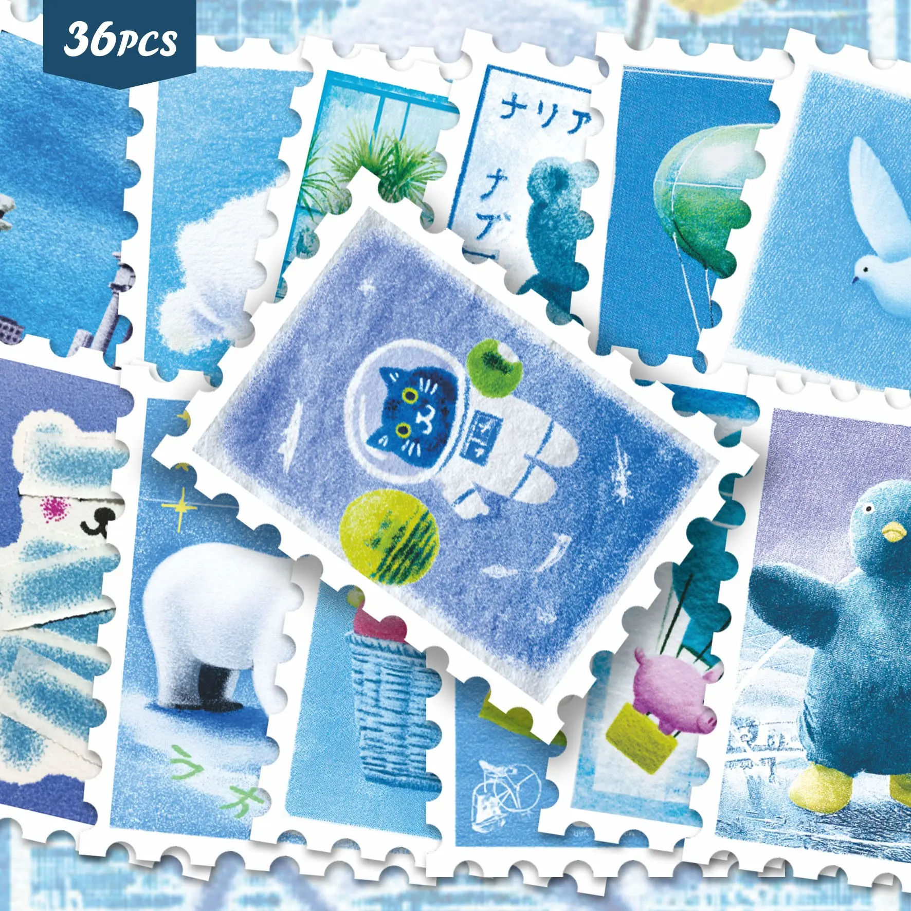 36pcs Soft Blue Crayon Animal Stickers Pack | Cute Chalk Pastel Style Space Cat & Polar Bear Art Graphics | Vinyl for Journaling, Scrapbooking & Decor
