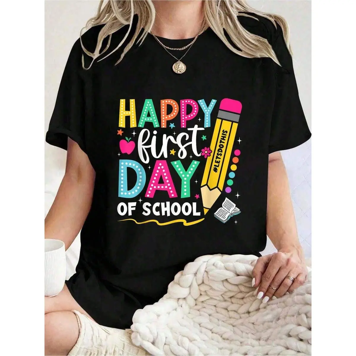 Back To School Happy First Day Of School Pencil Teacher T-Shirt Women's Casual Short Sleeve Crew Neck T-Shirts - Perfect For Holiday Season And Outdoor Activities