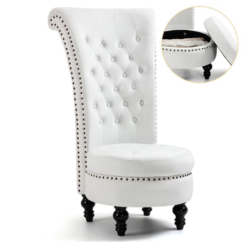 Velvet Upholstered Accent Chair with Storage, White High Back Chair with Nailhead Trim, Button Tufting & Wooden Legs