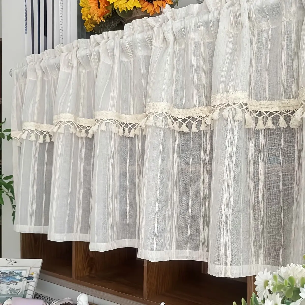 1pc Japanese Boho Style Vertical Stripe Sheer Curtain, Fringe Lace Valance, Rod-Pass Through Drapes, Semi-Transparent, Easy Care