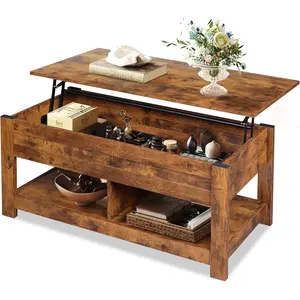 WLIVE Wooden, 47" Lift Top Coffee Table with Hidden Compartment and 2 Storage Shelves for Living Room, Rustic Brown Furniture for Home Decoration