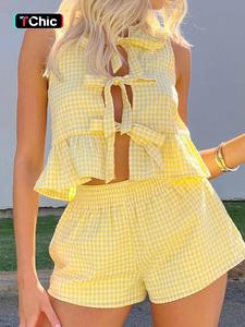 women's plaid print bow crop top & shorts two-piece set, casual fashion sleeveless top & shorts for daily outdoor wear, ladies summer clothes, going out sets, clothing sets