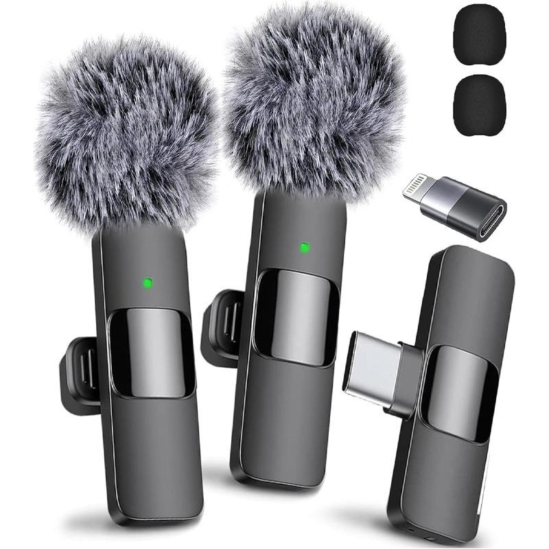 2 pcs Wireless Mini Microphones for iPhone Android iPad - Mini Wireless Clip-on Microphones Crystal Clear Sound Quality for Recording Live Streaming Vlog microfono minimic usb c interface smartphone LY241