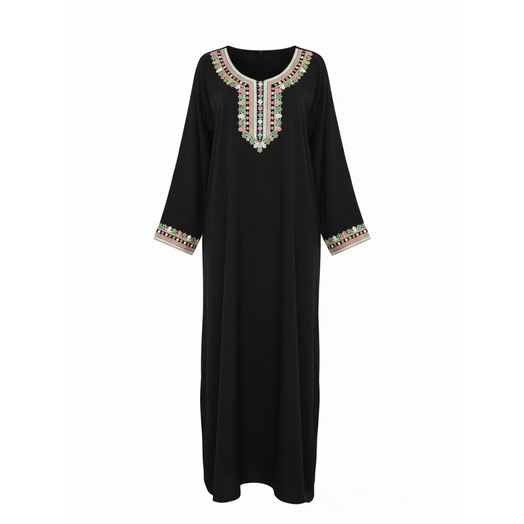 Elegant Black Embroidered Kaftan Maxi Dress Modest Boho Flowy Gown | Size Inclusive S-XL | Perfect for Evening Dinner, Church, Vacation & Daily Chic
