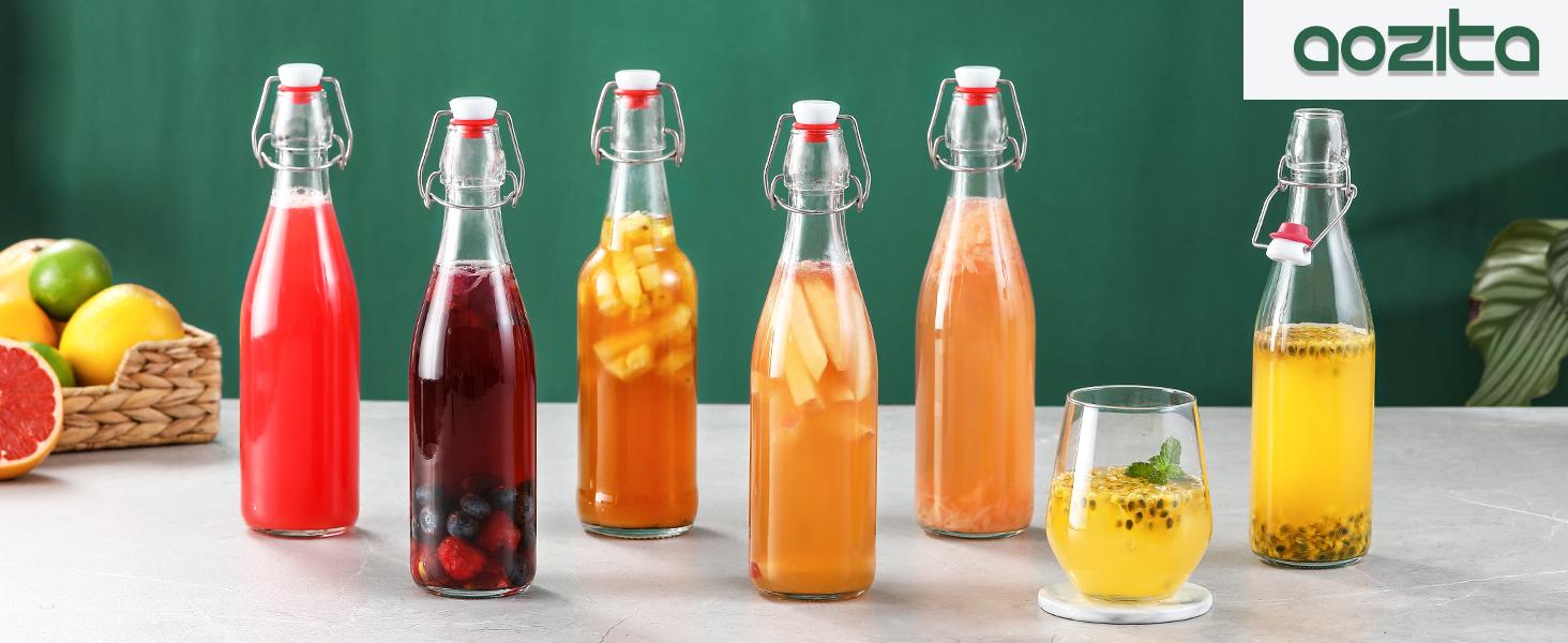 8 Set 16 OZ Swing Top Glass Bottles - Flip Top Beer Brewing Bottles with Stopper for Fermentation, Kombucha, Mead Kefir, Vanilla Extract, Juice, Tea, Wine, Soda - Airtight Cap Lids, Bonus 2 Pourers: Home & Kitchen