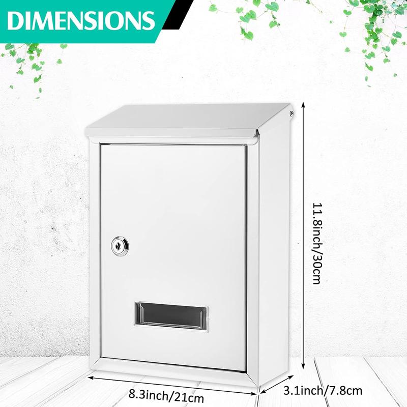 Weatherproof Mail Boxes with Key Lock,  Locking Wall Mount Metal Mailbox with Slot for Outside, Large Capacity for Mail, Packages, Donations, Voting 11.8" H x 8.3" L x 2.8" W, White