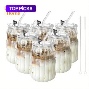 glass cup with straw & lid, 4/6 counts portable clear ripple glass cup with cleaning brush, summer cool bottle drinking cup for coffee, latte, water, macha, juice