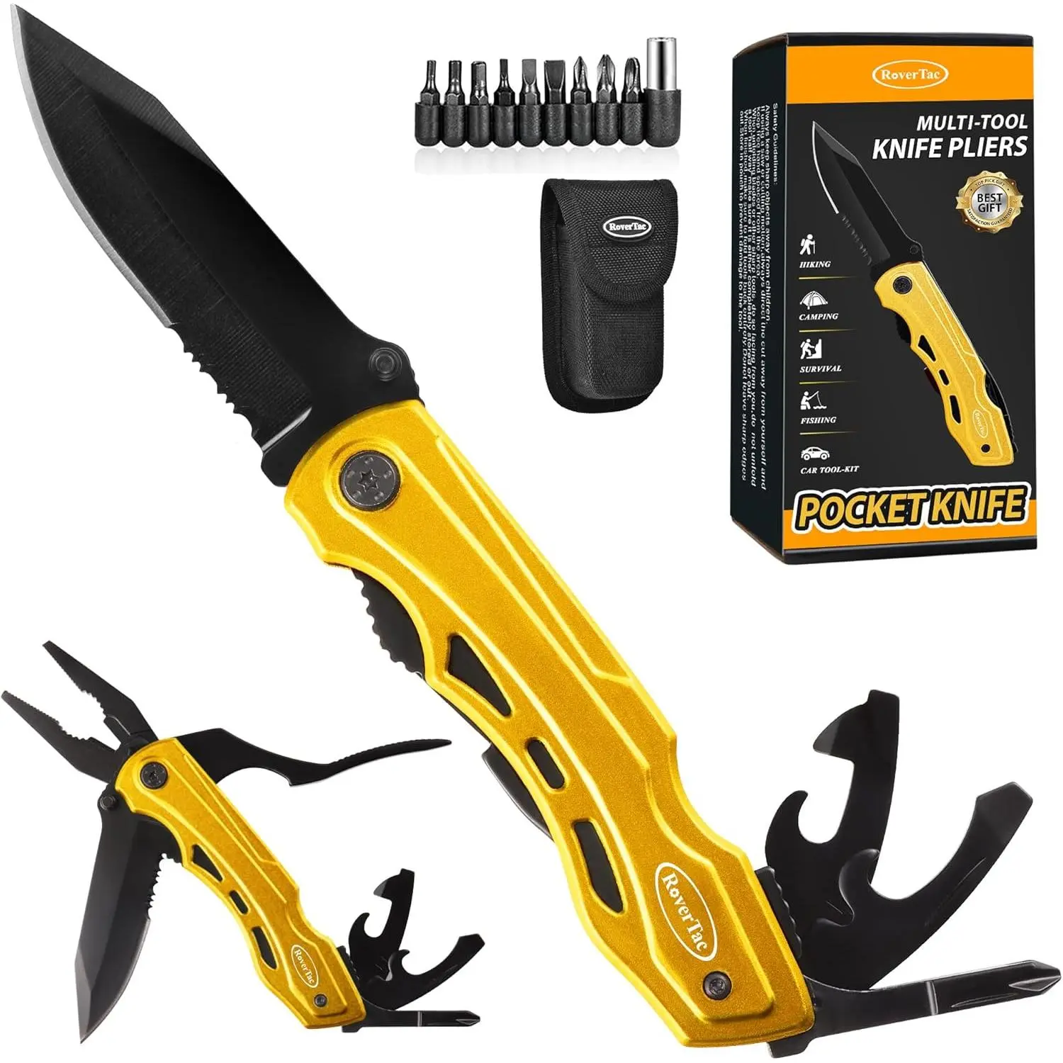 15-in-1 Folding Multitool Knife - with Pliers, Bottle Opener, Can Opener, Screwdriver + 9 Bits, Nylon Sheath - EDC Hand Tool for Camping, Hiking - Gifts for Men