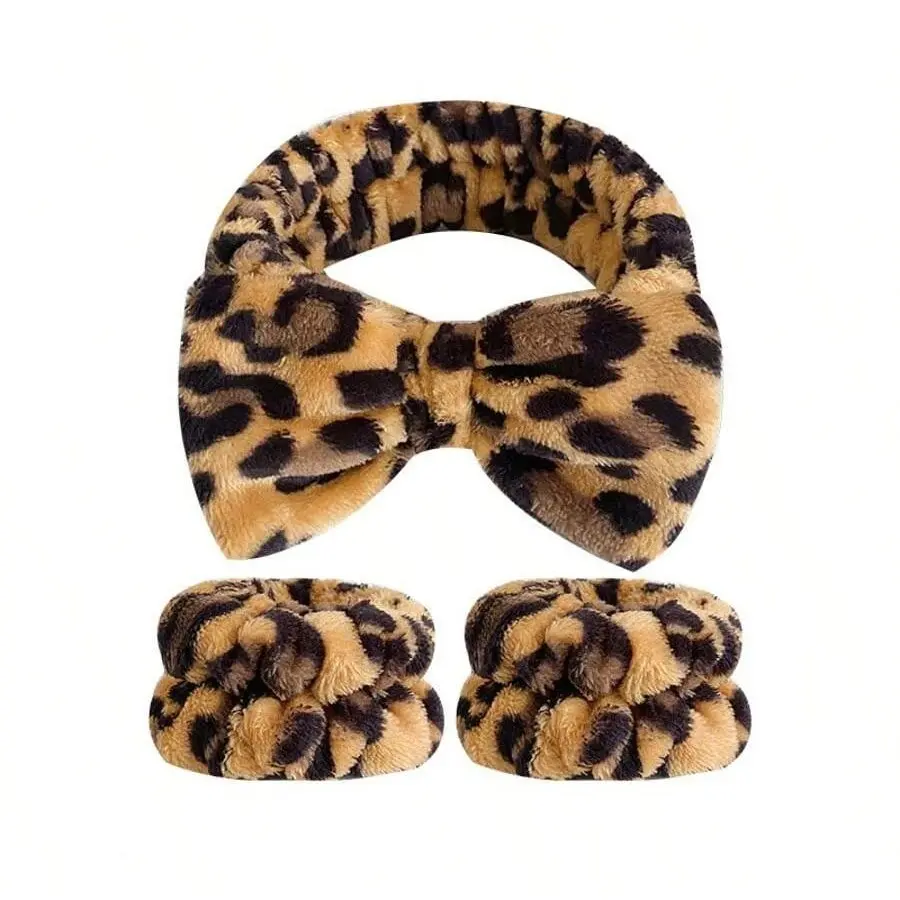 3-Piece Spa Hairband and Wristband Set, Ideal for Face Washing, Makeup Removal, Skincare, and Hair Care, Leopard Print, Women's Skin Care Accessories