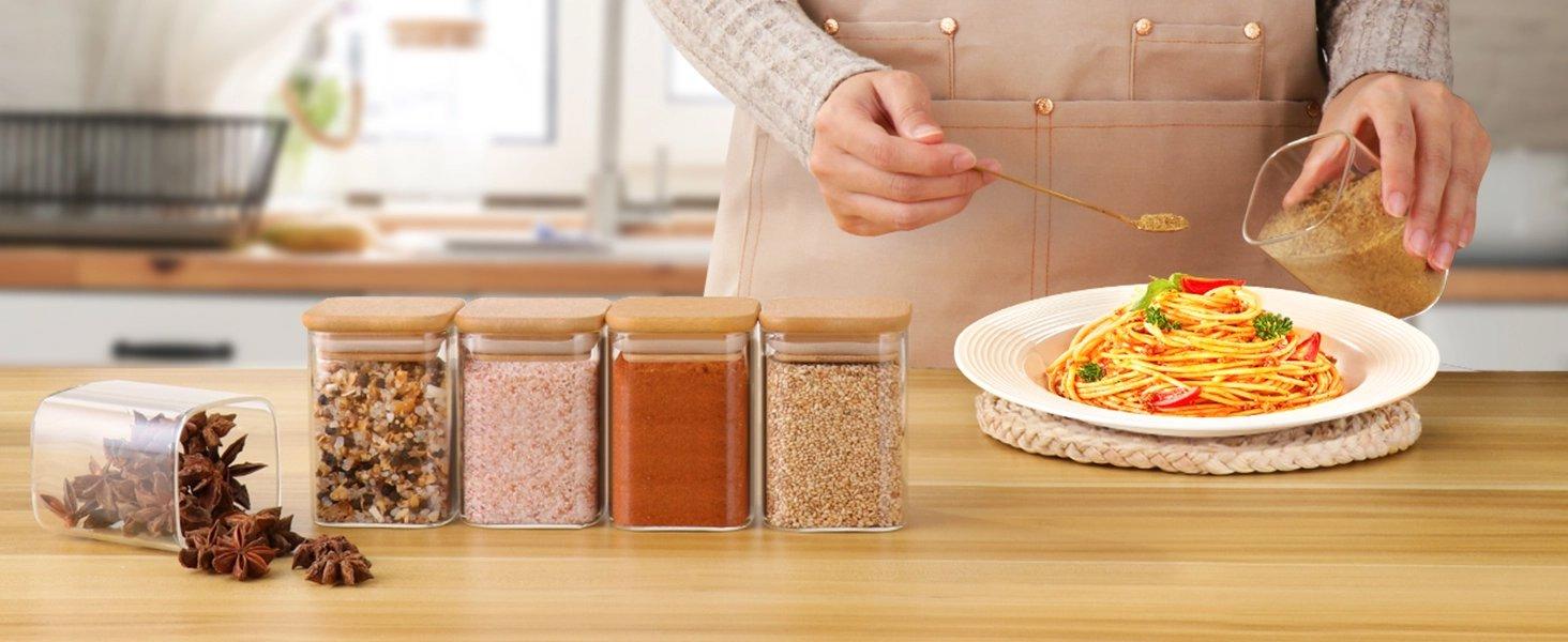 THE WELL KEPT Glass Spice Jars  Bamboo Lids - 9 Oz Small Square Storage Jars  Airtight Lids Clear Pantry Food Storage Containers Glass Canister Set  Labels for Kitchen Coffee Sugar Flour(Set Of 10)