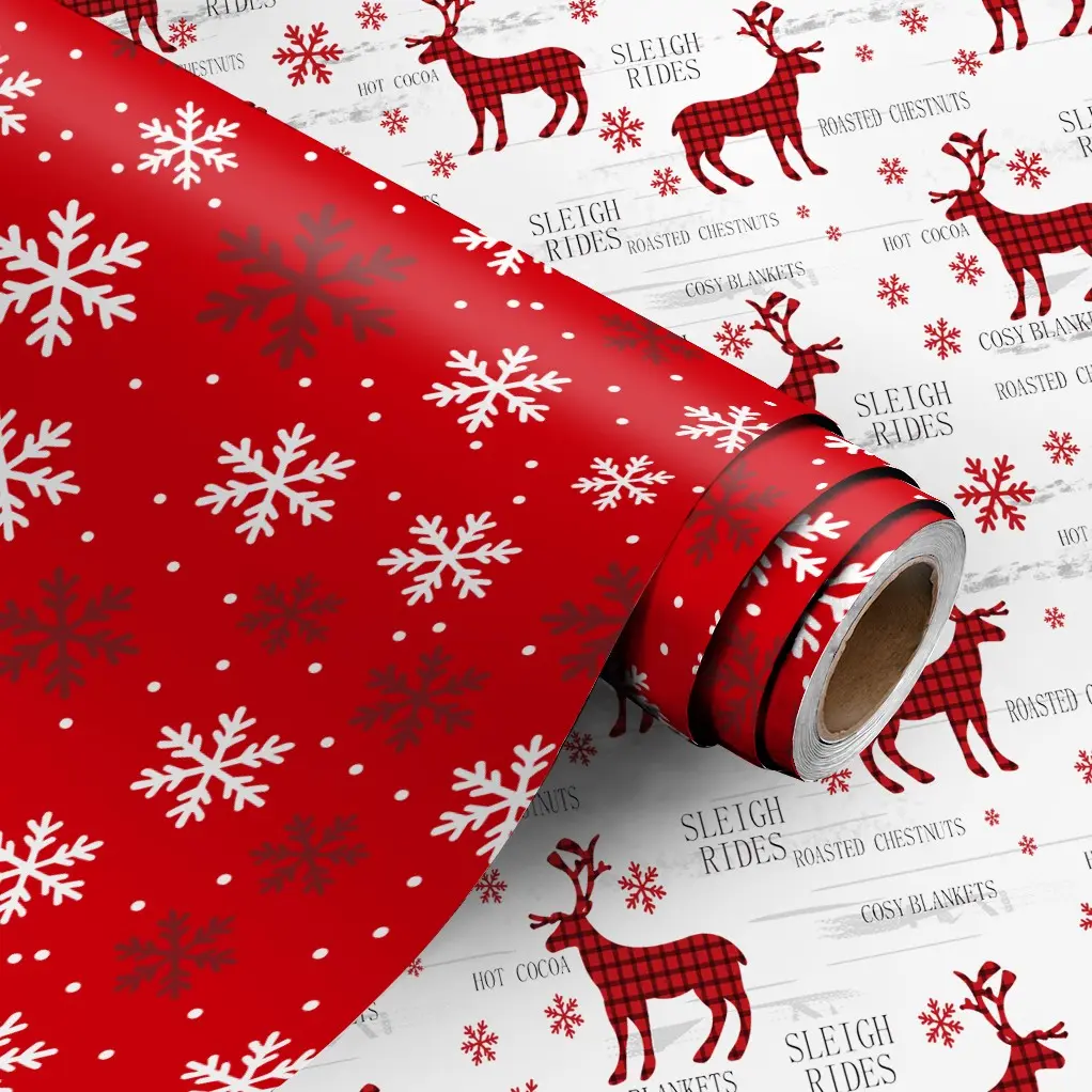 Christmas Gift Wrapping Paper Roll 5m X 43cm, Snowflake Reindeer Pattern, Thickened, Ideal for Christmas Boxes, Parties, DIY Crafts