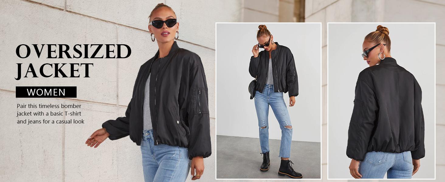 Danedvi Womens Zip Up Bomber Jacket Oversized Fashion Casual Fully Lined Winter Coats With Pockets