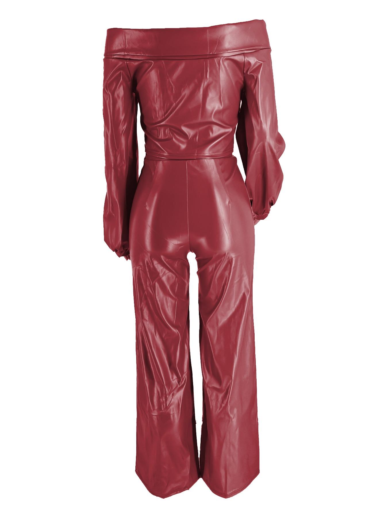 Two-Piece Set Women's Spring Casual Plain Off Shoulder Knot Front Bishop Sleeve Blouse & Wide Leg Pants Set, Solid Color Long Sleeve Top & Trousers Set for Fall, Women's Clothes