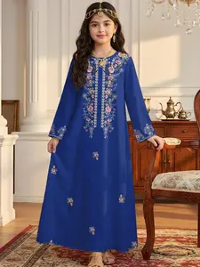 Children Floral Embroidered Dress, Elegant Islamic Abaya for Muslim, Ramadan, Weddings & Parties, Girls Blue Long Sleeve Skirt