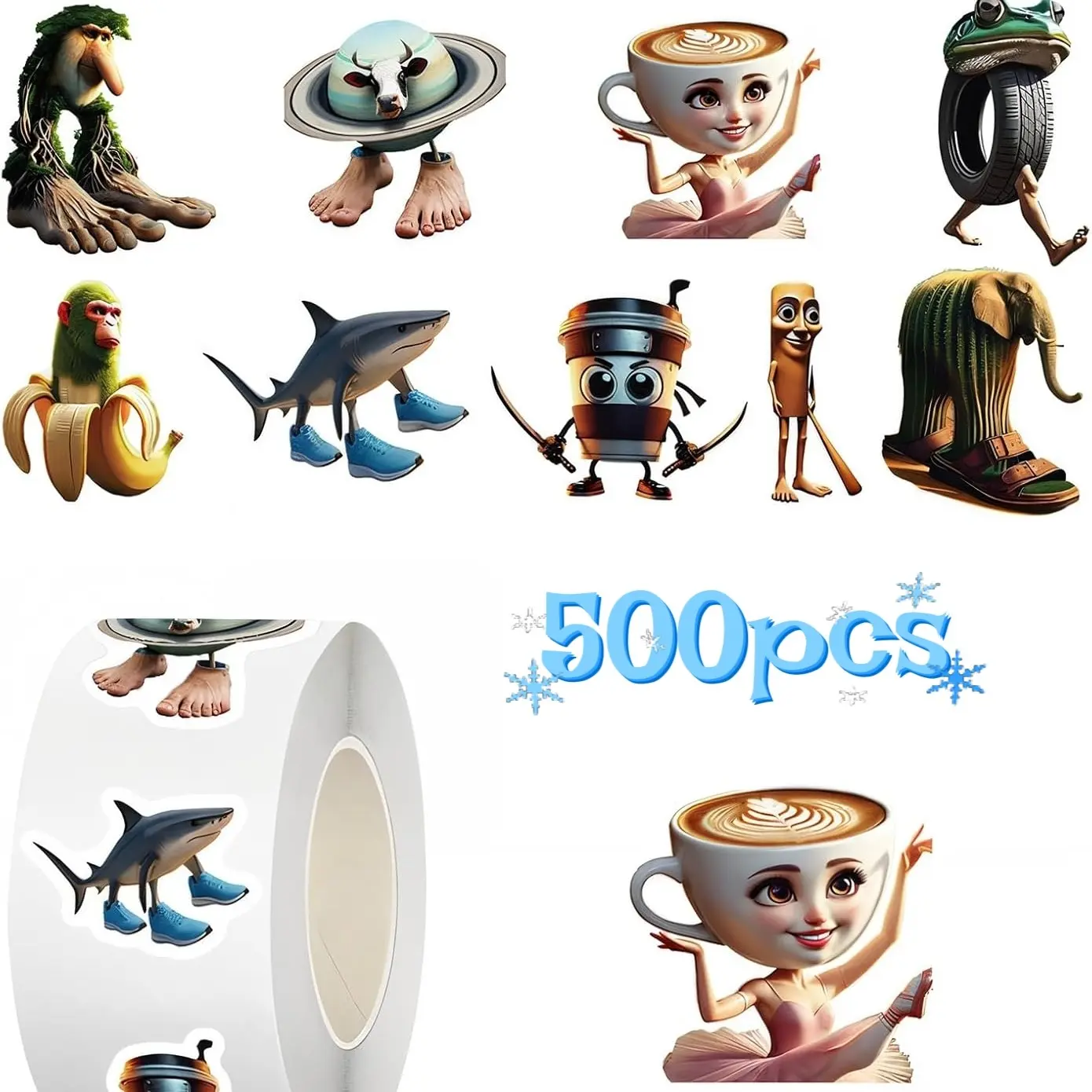 500PCS Small Brainrot Cool Illustration Stickers Tung Tung Tung Sahur 1" Tall Tralalero Tralala Italian Brain Rot Sticker for Water Bottle, Laptops, Kids Party Favors Sticker Decal