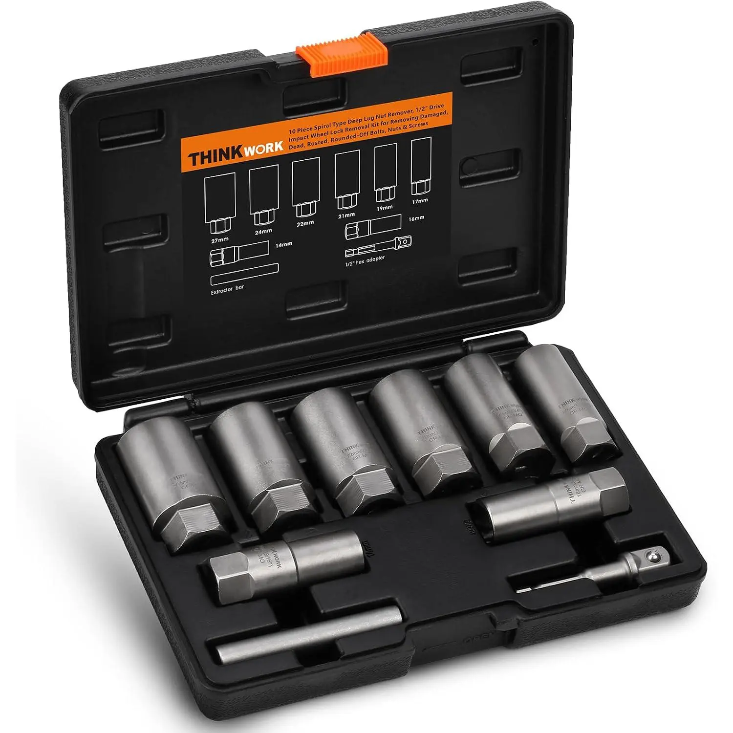 10-Piece Locking Lug Nut Removal Tool, 1/2" Drive Lug Nut Extractor Set| for Damaged, Rusted, Rounded-Off, Stripped, Deep Well for Tight, 14-27mm, Cr-Mo, Case