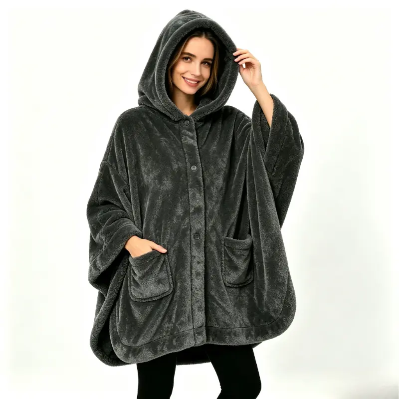 Women'S Hooded Button Wearable Blanket Shawl, Oversized Fuzzy Fleece Poncho Wrap With Pockets, Cozy Warm Loungewear Accessory For Home Office Travel Cold‑Weather Days, Built‑In Pockets For Storing Small Essentials, Attached Hood Delivers Extra Warmth