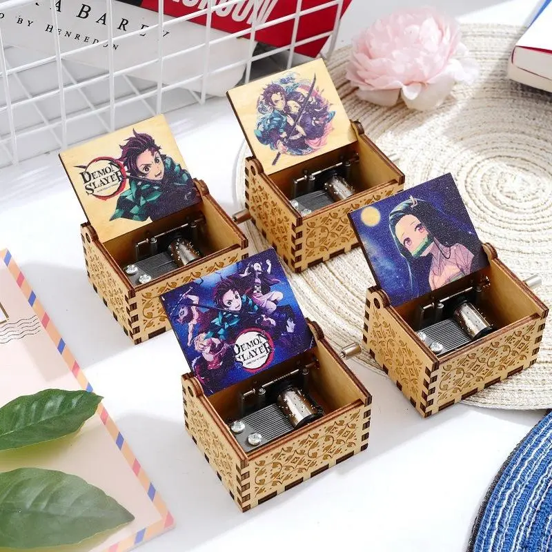 Anime Theme Hand-Crank Music Box - Engraved Wooden Body, Character Print, Box Form Decor, Room Decor for Dresser, Collectible Desk Accessory, Birthday Gift for Teens