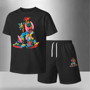 Men’s Minimalist Menswear Crew Neck 2-Piece Graphic Print Set - Casual Short Sleeve Soft Athletic T-Shirt & Drawstring Shorts, Lightweight Breathable Outfit for Vacation, Outdoor Leisure, Daily Wear