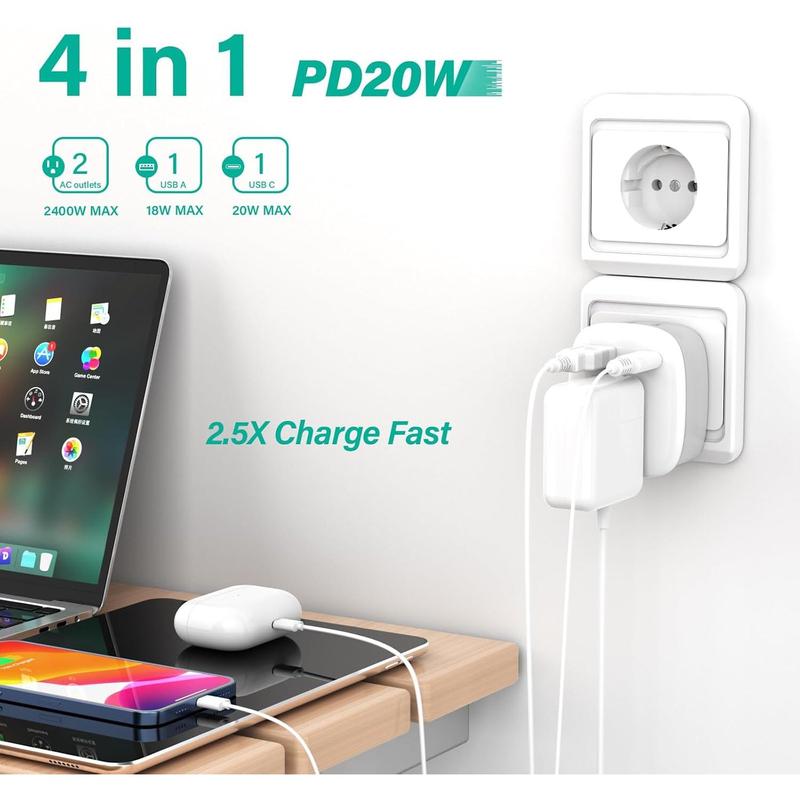 European Travel Plug Adapter, PD 20W USB-C International Power Plug, 2 Outlets & 2 USB Charger,  Type C Outlet Adaptor Charger for  to  France , Travel Essentials