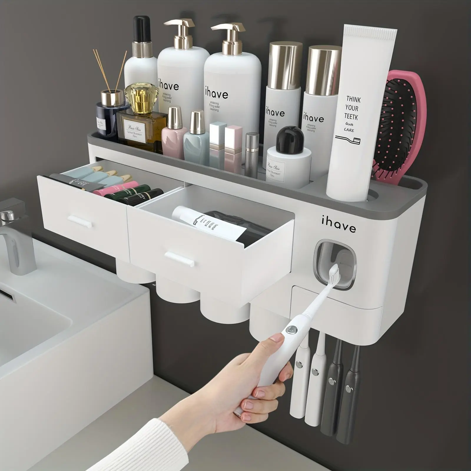 1pc Toothbrush Holder with Rinse Cup, Automatic Toothpaste Dispenser, Wall-Mounted Toothbrush Storage Rack, Toothbrush Organizer with Cosmetic Drawer, Minimalist Toothbrush Holder & Bathroom Tumbler, Bathroom Additions, Home Decor