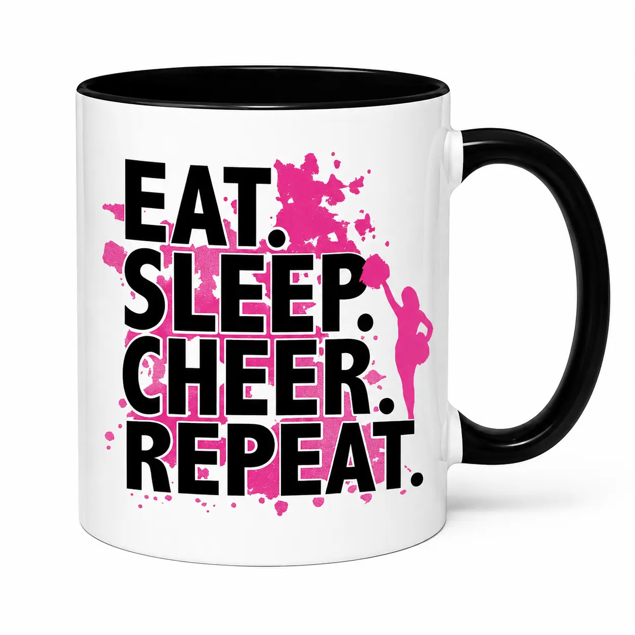 Cheerleader Mug 11oz, Eat Sleep Cheer Repeat Ceramic Coffee Mug, Funny Cheerleading Gift for Girls Women Teens, Black Handle Coffee Cup for Cheer Coach Cheer Mom Team Gift