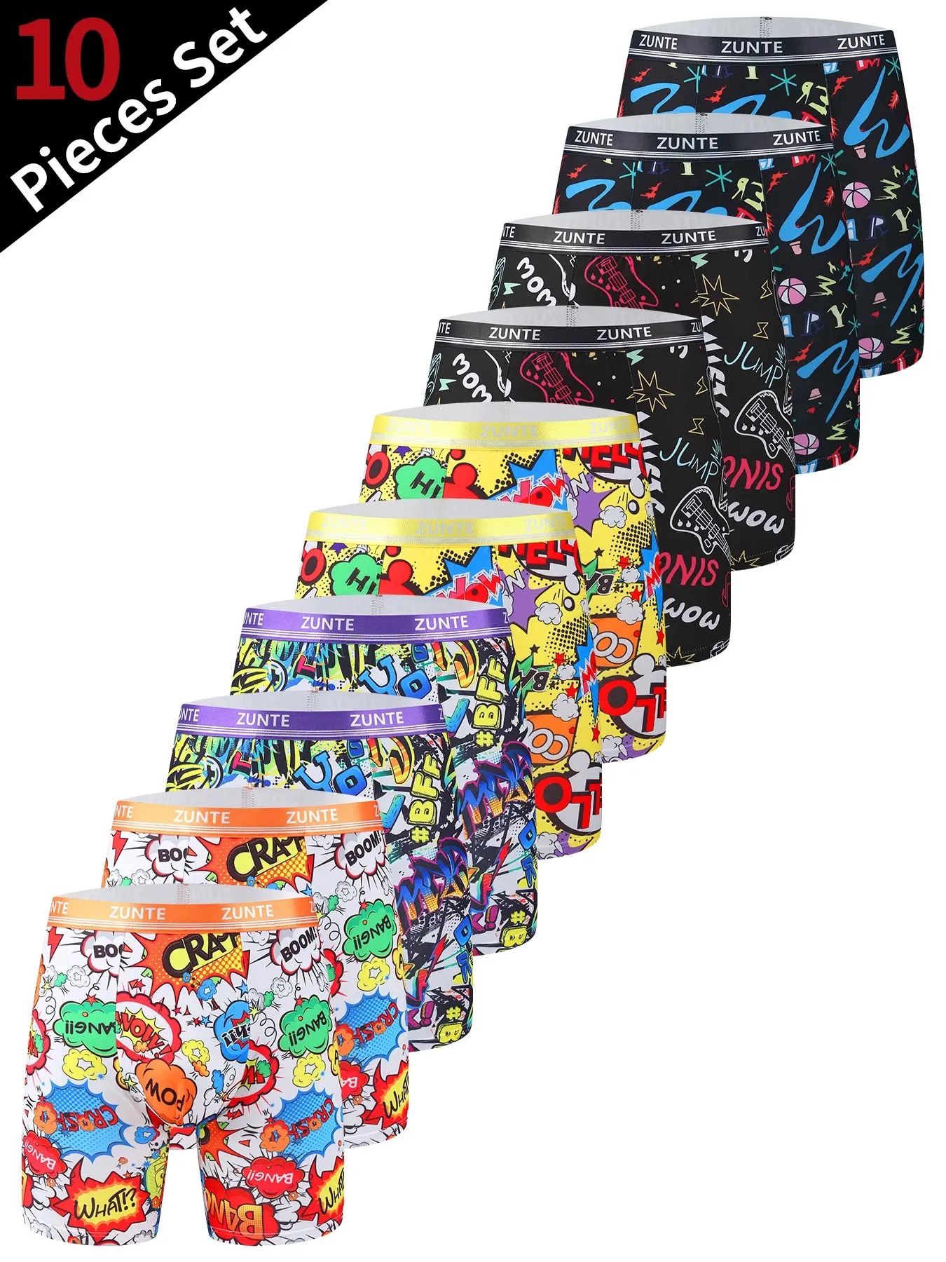10 PCS/Pack Men's Assorted Prints Long Leg Printed Boxer Briefs, Moisture Wicking Quick Dry Breathable Stretch Underwear, Anti-Ride Up No Roll, Athletic Running Cycling Gym Workout, Loose Fit Plus Size All Season