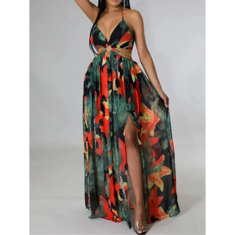 NewWomen's Floral Print Chain Decor Split Thigh Tie Back Cami Dress, Casual Ring Linked Halter Backless Maxi Dress For Beach Holiday Vacation, Ladies Summer Clothes Womenswear Comfort