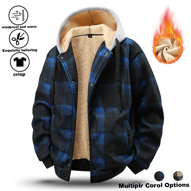 Hooded and flannel thick plaid sports and leisure outdoor men's warm jacket jacket