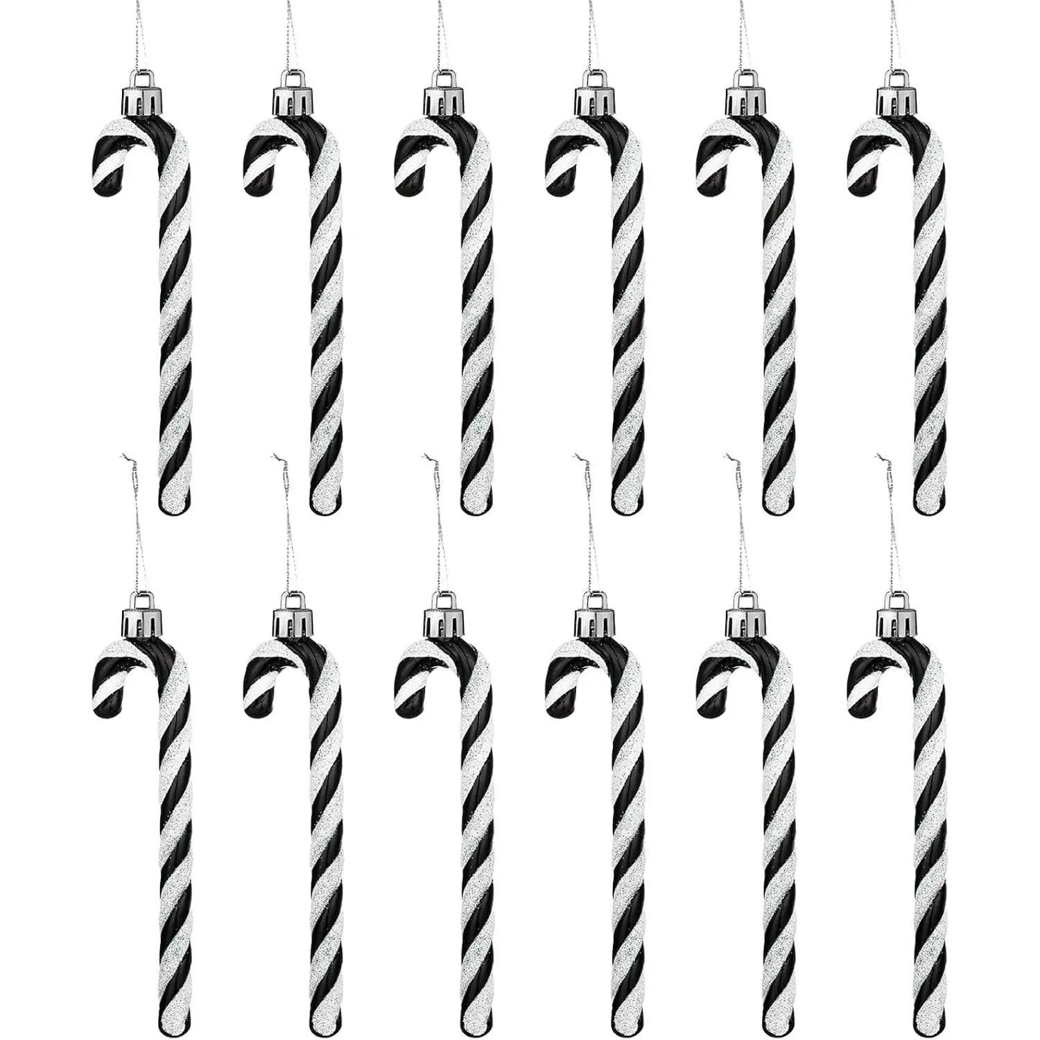 12-Count Sturdy Modern 13.5cm Black Plastic Candy Cane Ornaments, Christmas Tree Decor, Festive Crafts & Indoor-Outdoor Home Party Decorations