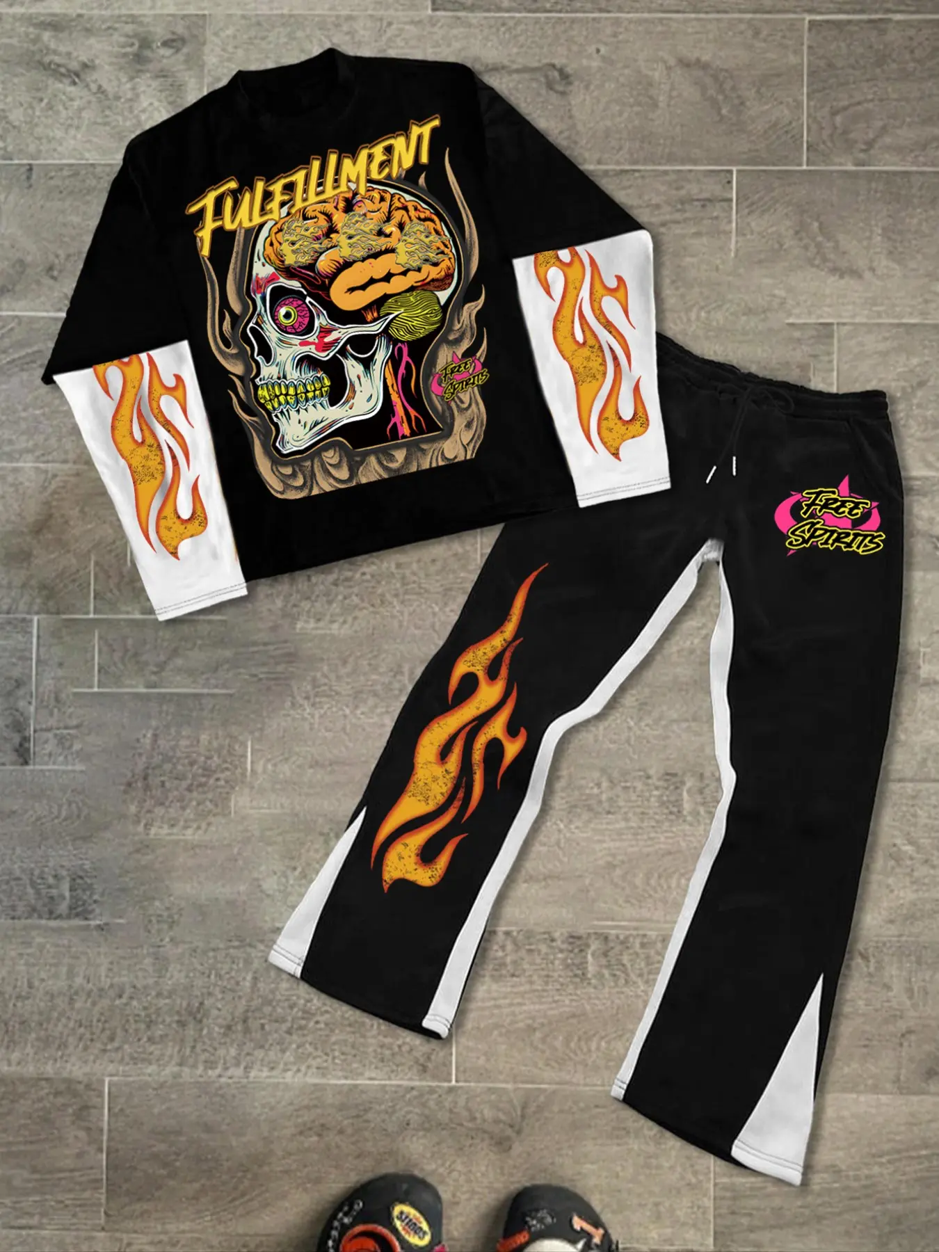 American Vintage Skull Flame Two-Piece Long Sleeve Set for Men, High Street Colorblock Micro Flare Sweatpants Two-Piece Set