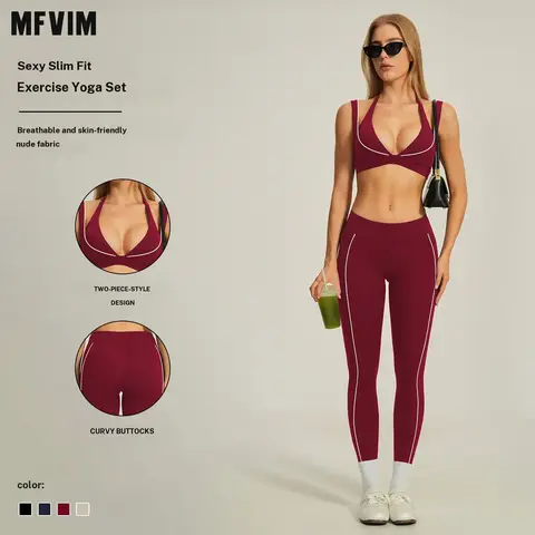 MFVIM Women's 2-Piece Nude-Feel Color-Block Sports Set - Contrasting-Line Bra, High-Waisted Figure-Flattering Long Pants, Gym Workout Apparel, Summer Essential Travel Outfit, 2 Piece Sets