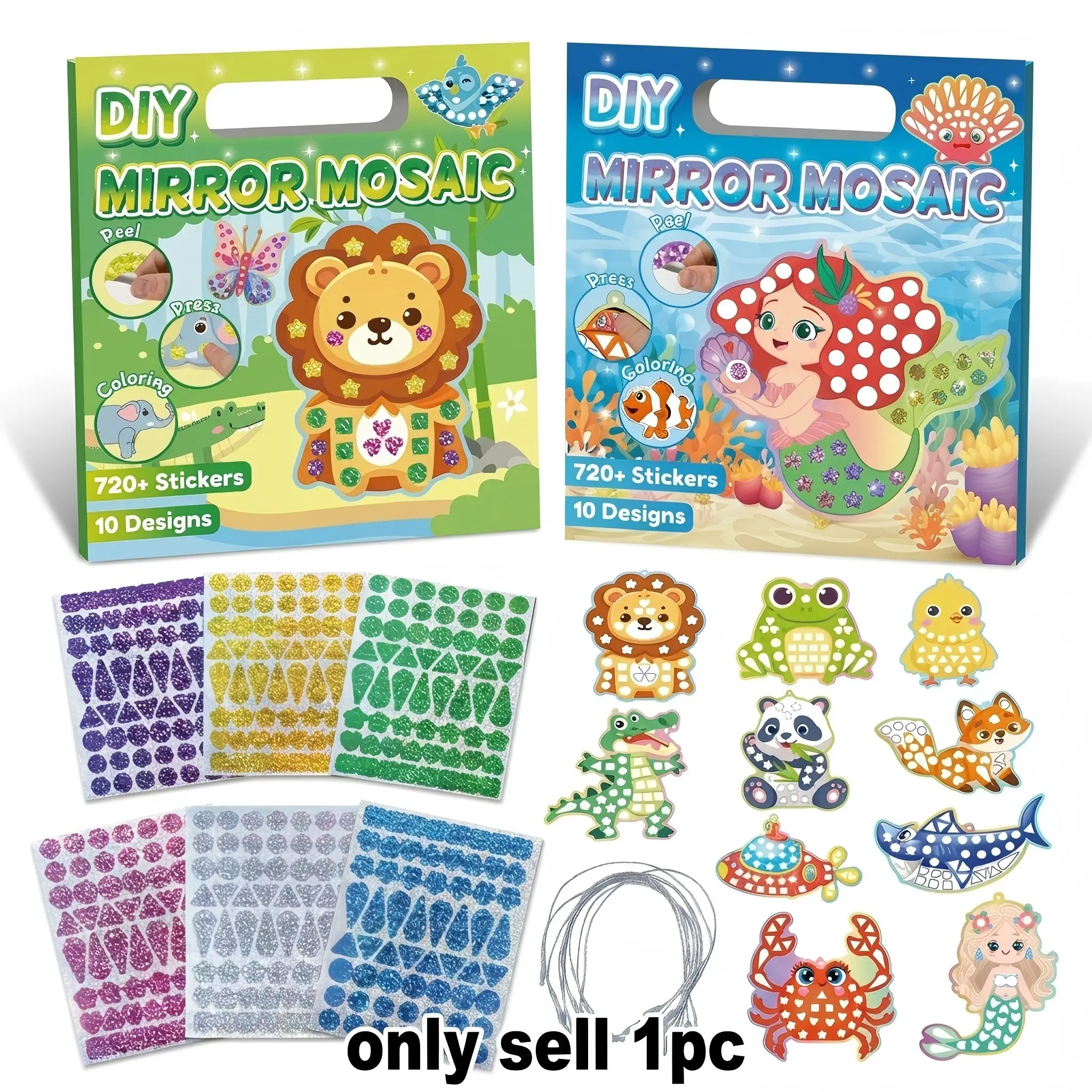 Ocean Animal Kids Mosaic Sticker Set, DIY Mirror Mosaic Art Kit, 720+ Stickers, Hand Craft Activity, Birthday Gift, Travel Toy, Cool Stickers