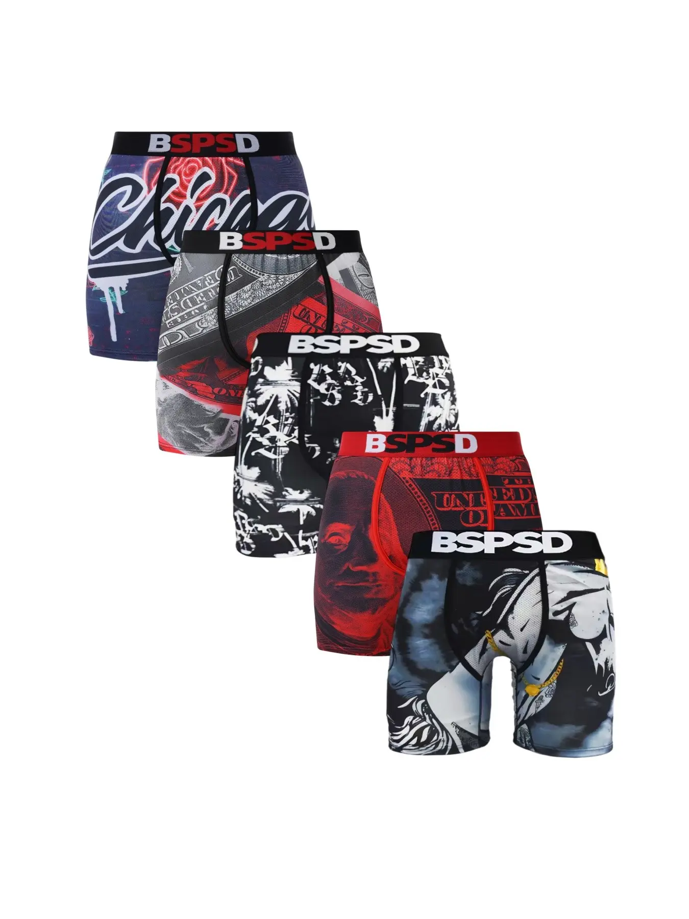 Men's Printed Underwear Boxer Briefs, 5-Pack, Comfortable Fit, Ideal for Daily Wear, Fashion Design, Suitable for All Seasons, Fabric