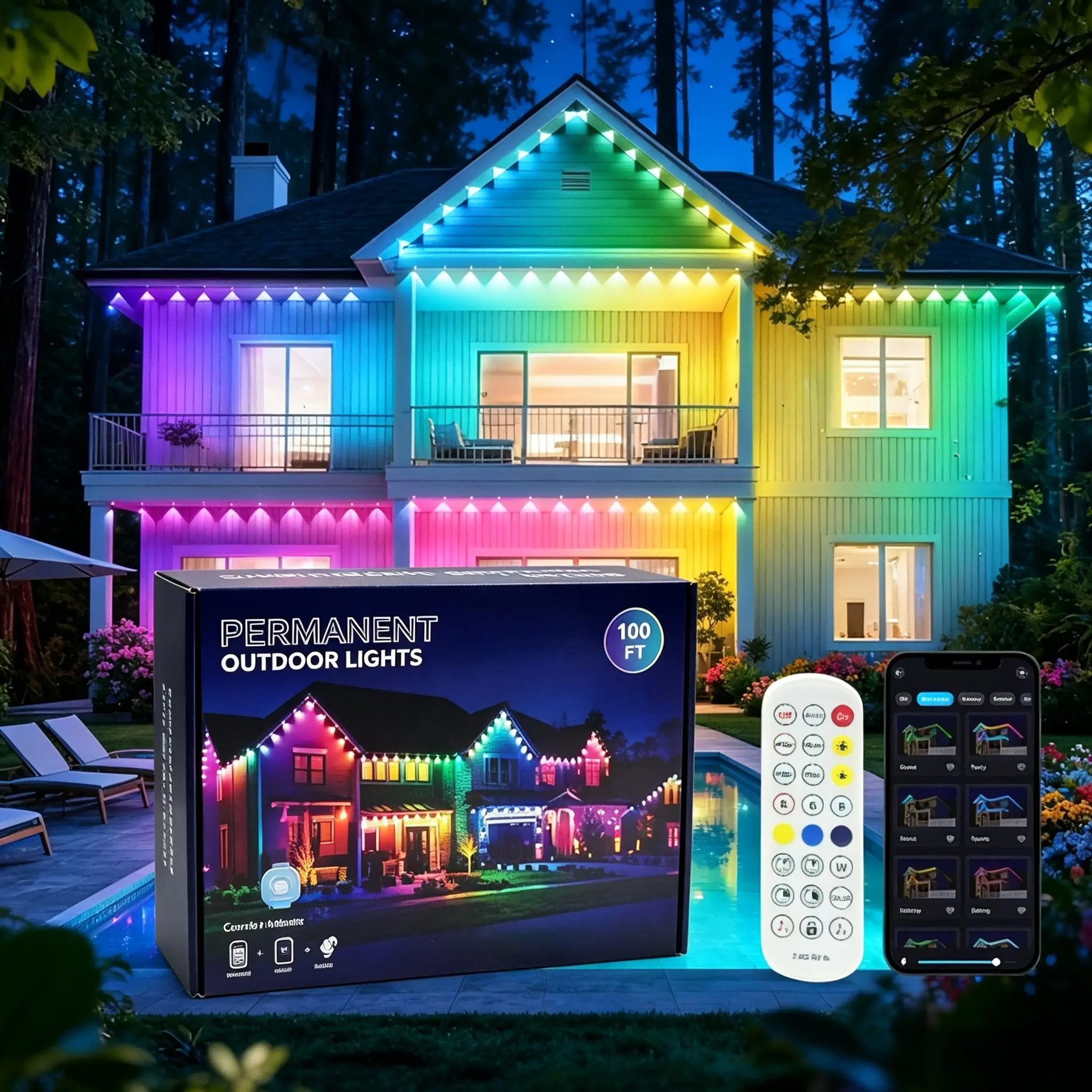 100 Feet Permanent DIY Outdoor Light, APP/voice/remote Control, Rgbic Smart Eave Light, Ip67 Waterproof, Holiday Decorations