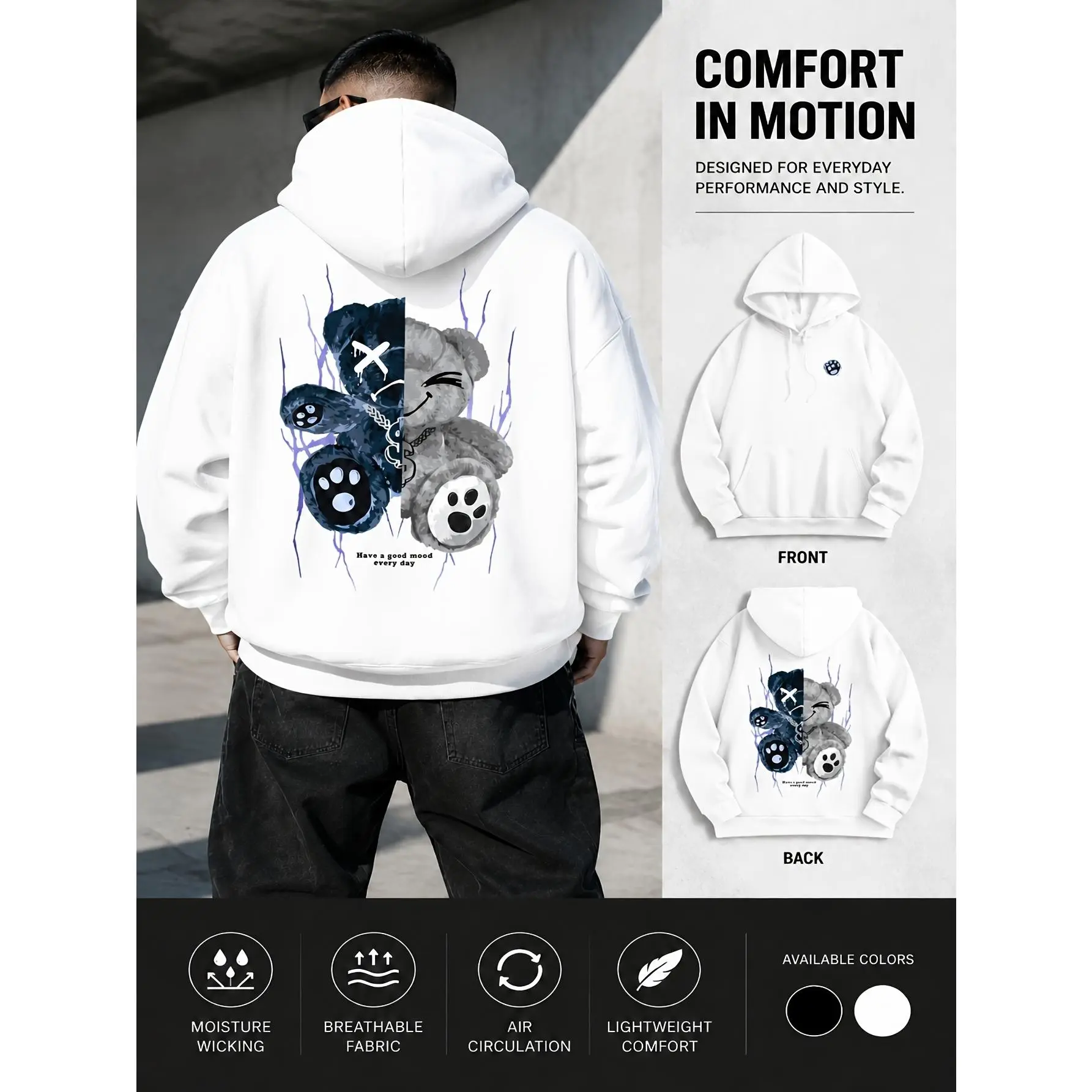 Men's comfortable and stylish pullover sweatshirt, black with cartoon bear pattern, breathable fabric, suitable for everyday wear, lightweight and breathable, sporty style, perfect for spring and autumn, trendy and unisex, suitable for casual wear.