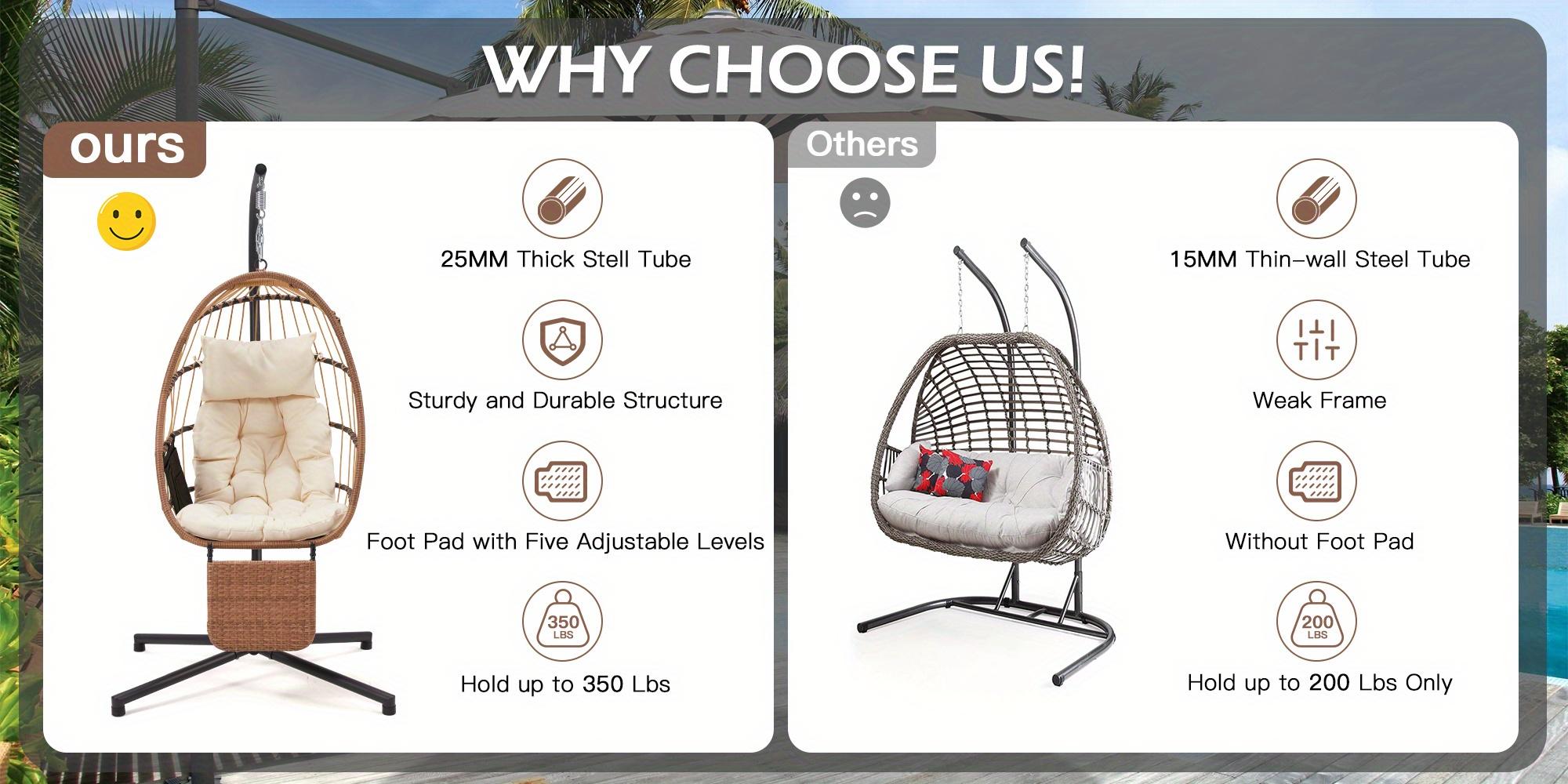 Hanging Egg Chair for 1, with Stand & Removable Leg Rest, Foldable Indoor/Outdoor Swing Chair, Including Cushion and Pillow, Patio Wicker Swing, Hammock Chair for Patio, Bedroom, Balcony, Beige