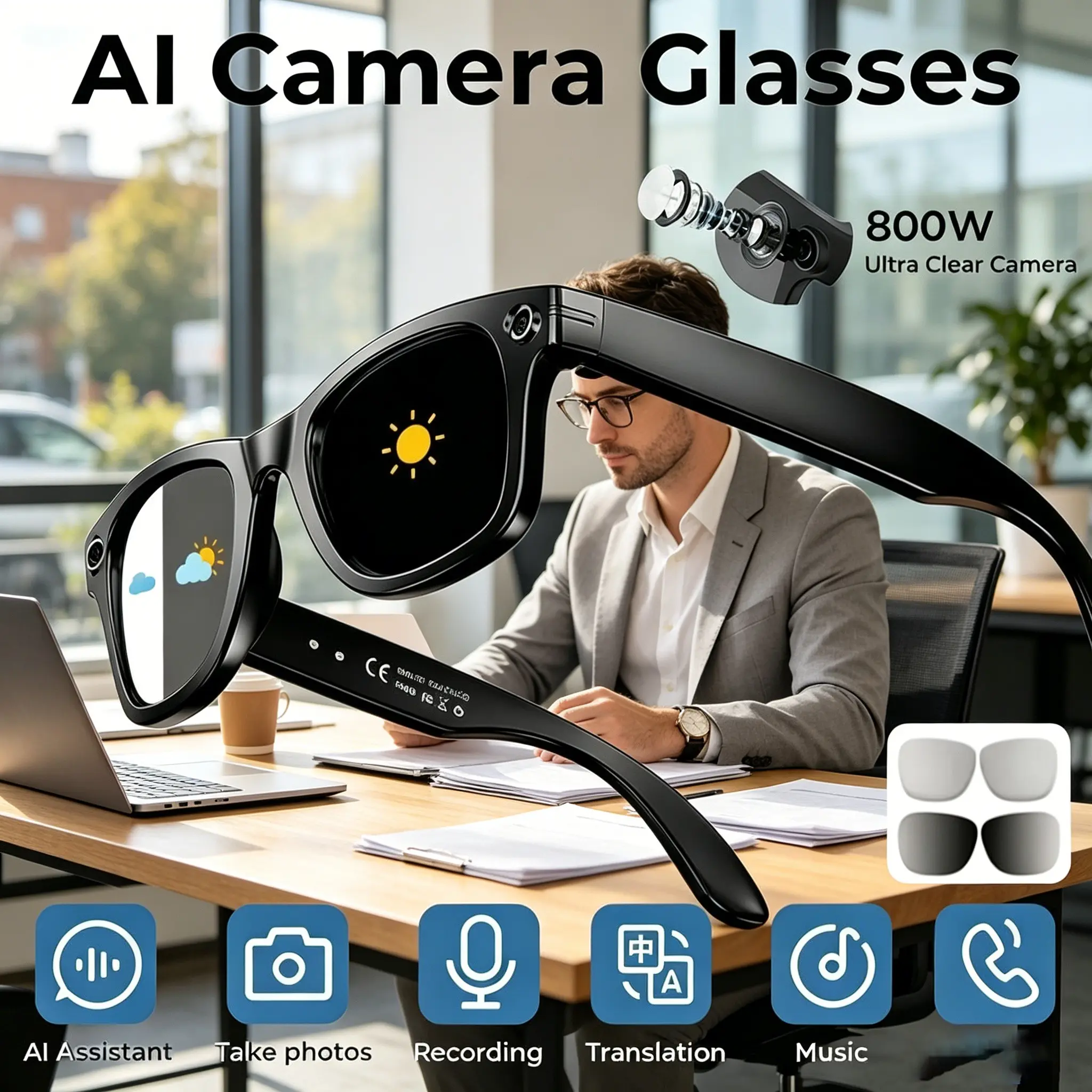 Smart Camera Glasses with 8mp Photochromic Lenses, One-Touch Adjustment, Bluetooth-compatible Wireless, UV Protection, Smart Glass Eyewear, Easter Gift