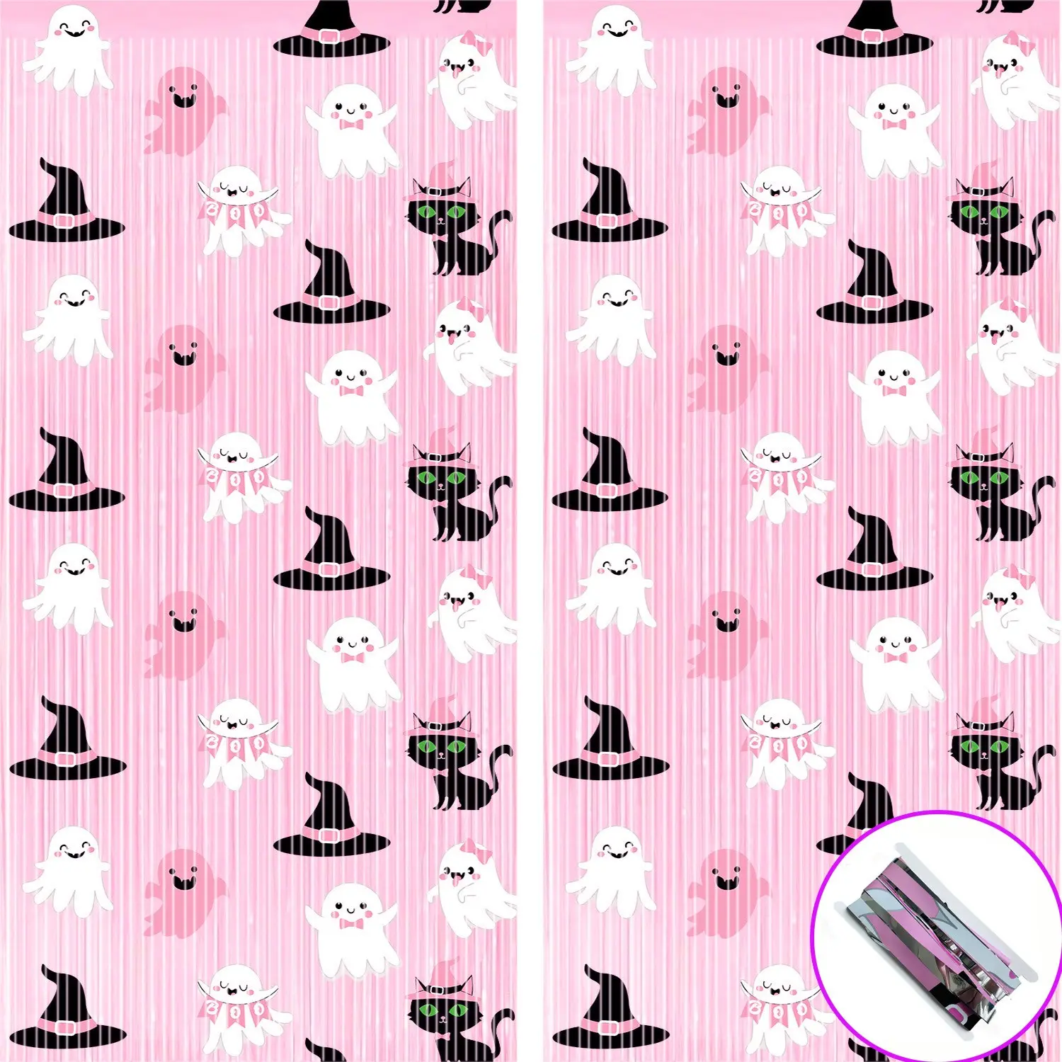 2Pcs Pink Halloween Foil Fringe Streamers Cute Ghost Black Cat Witch Hat Tinsel Backdrop Photo Booth Background, Pastel Pink Metallic Streamers Backdrop For Halloween Birthday Party Decorations