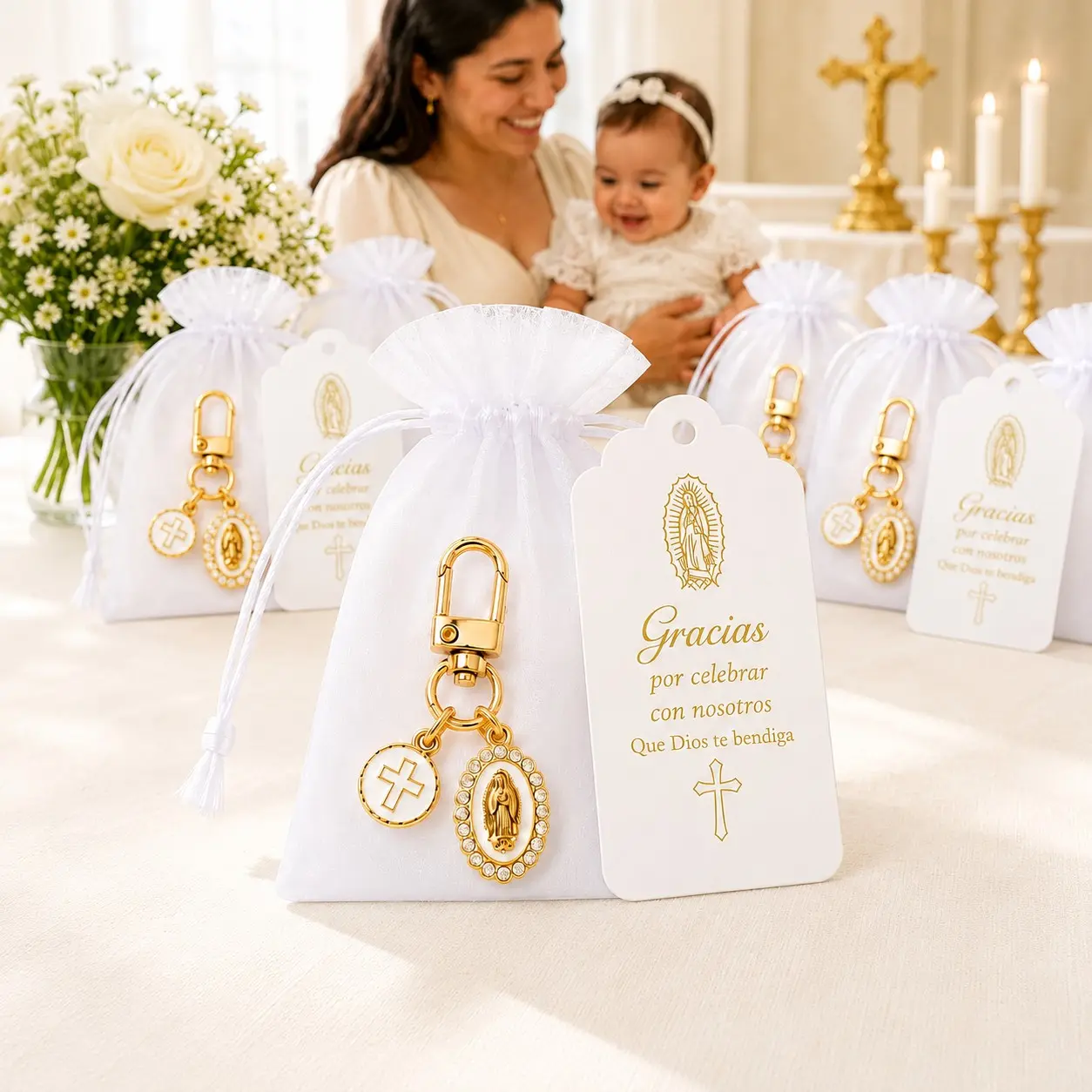 10/20 Sets Gold Virgin Mary Cross Keychain Baptism and Christening Favors, Catholic Favor Set with Spanish Thank You Card and White Organza Bag, First Communion Gifts, Guest and Godparent Keepsakes