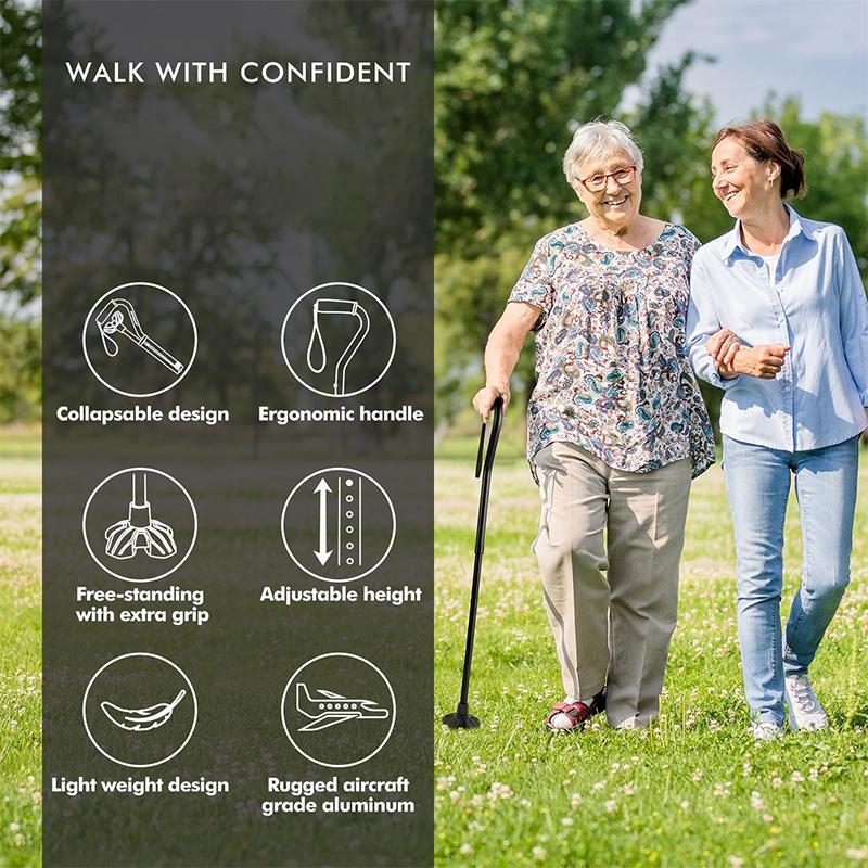 Walking Cane for Men and Women - Stand Alone Folding Cane with Wrist Strap, EVA Foam Handle and Wide Quad Base for Stability, Lightweight Support for Seniors & Elderly