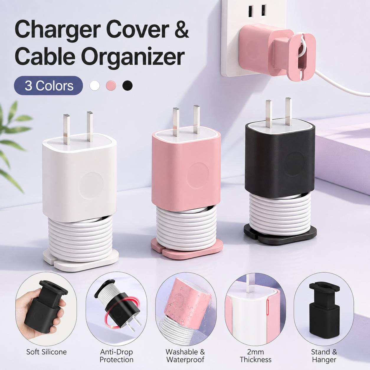 3 PCS 2 in 1 Silicone Charger Protector with Cord Wrap, iPhone Silicone Power Adapter Case, Cable organizer, Snapback Charger Winder - MM2