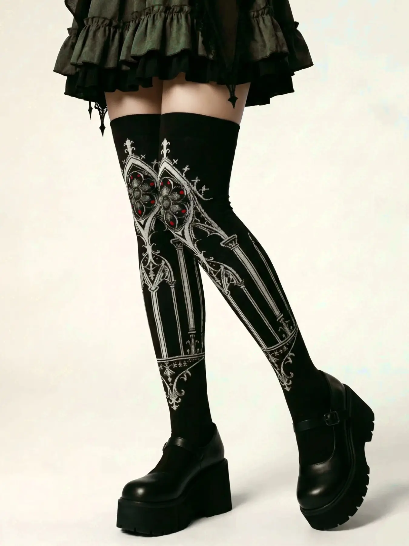 1 Pair of Gothic Church-Stained-Glass-Patterned Knee-High Thigh-High Socks for Women | Knee-High Socks | Long Socks | Halloween | Black Dark Lolita Long Socks | Gothic Dark Academia | The Perfect Accessory for Mary Jane Outfits