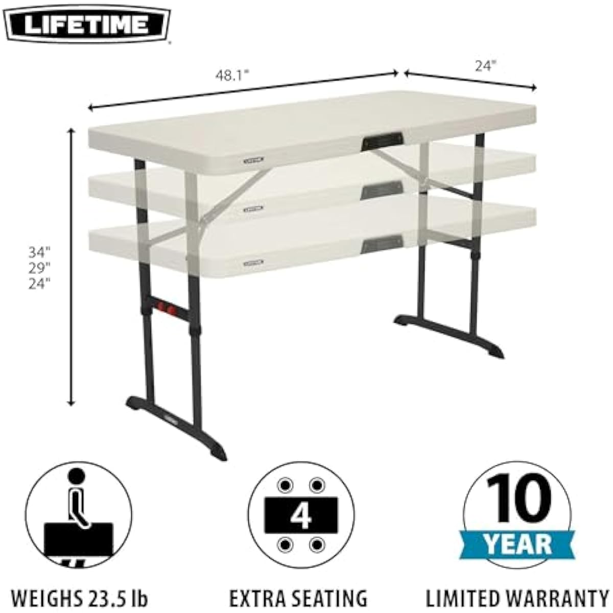 4-Foot Commercial Adjustable Folding Table, Almond