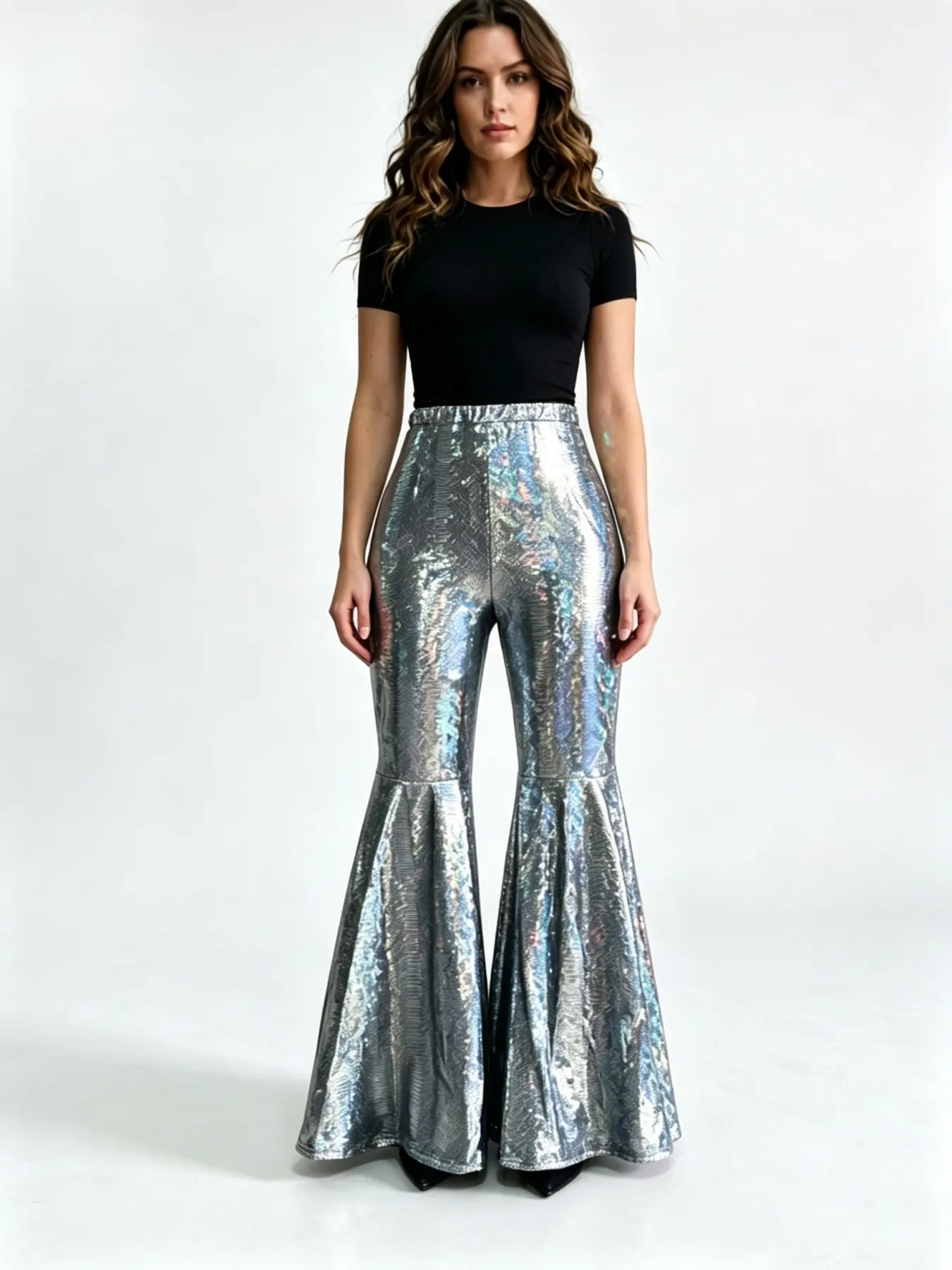 Laser Silver Glitter High-Waisted Sequin Bell Bottom Pants, Perfect for Nightclubs, Bars, Stage Performances, Photo Shoots