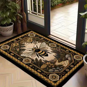 Vintage Bumblebee Pattern Doormat, Artistic Honey Bee Entrance Mat with Retro Floral Border, Non-Slip Indoor Outdoor Area Rug for Front Door Porch, Inside Entrance Doormat, Unique Nature Theme Home Decor, Decorative Mats